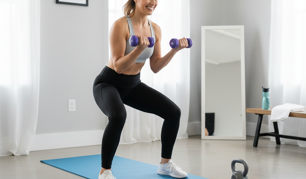 mujer entrenando en casa con esterilla y mancuernas