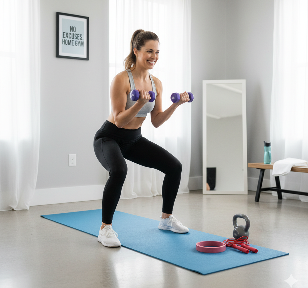 mujer entrenando en casa con esterilla y mancuernas