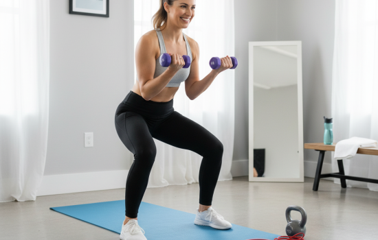 mujer entrenando en casa con esterilla y mancuernas