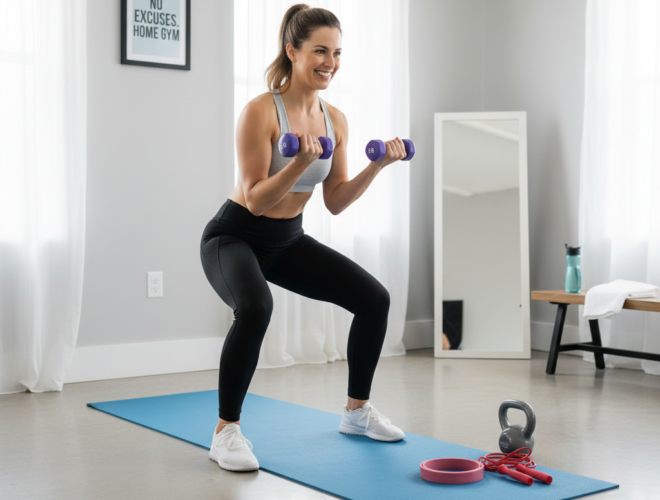 mujer entrenando en casa con esterilla y mancuernas