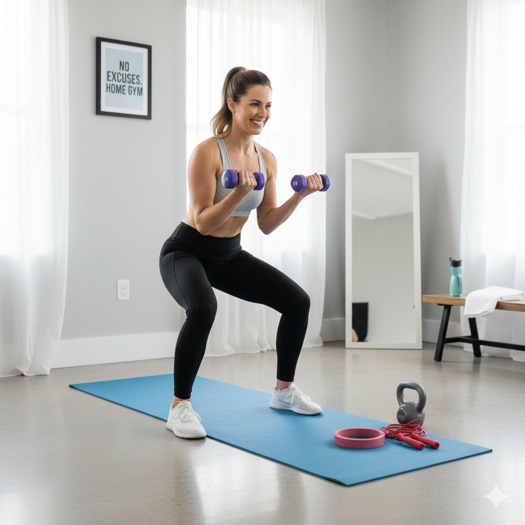 persona haciendo ejercicio en su gym casero con material básico, representando la idea de un gimnasio barato en casa. mujer entrenando en casa con esterilla y mancuernas