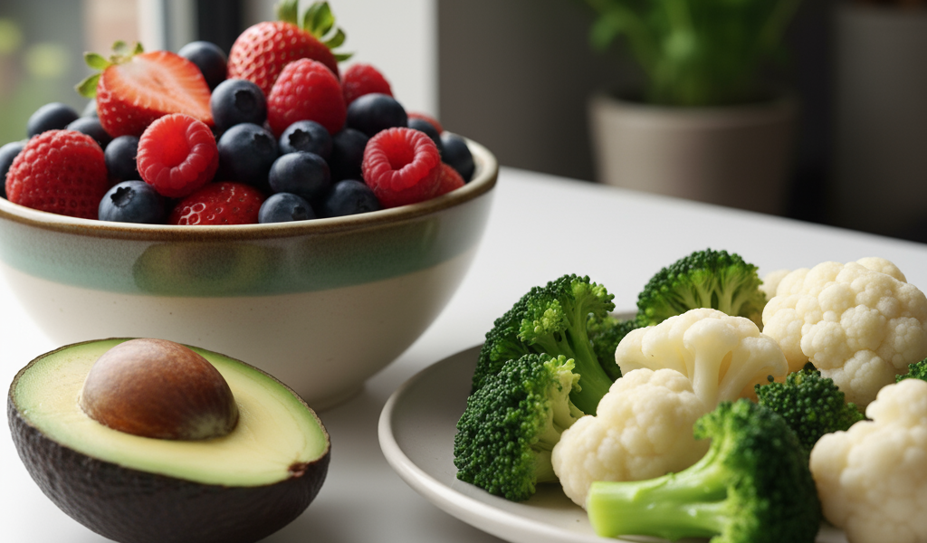 Alimentos imprescindibles en una dieta saludable: mesa con frutas, verduras, frutos secos y especias