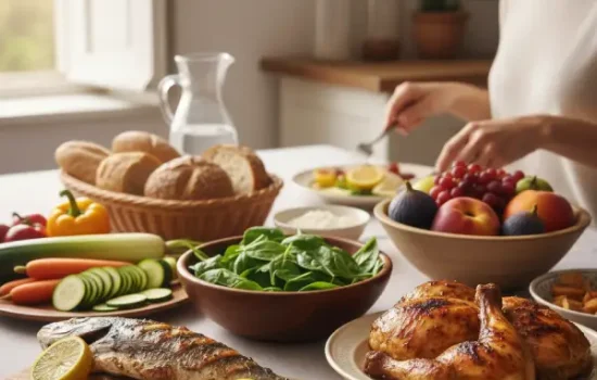 Alimentos saludables en una mesa mediterránea para volver a una rutina equilibrada tras las vacaciones.