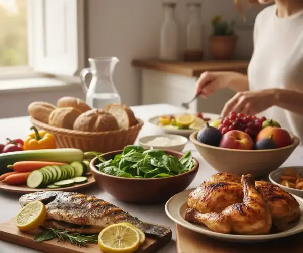 Alimentos saludables en una mesa mediterr&aacute;nea para volver a una rutina equilibrada tras las vacaciones.