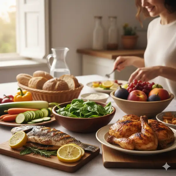 Los mejores alimentos para volver a una rutina saludable Alimentos saludables en una mesa mediterránea para volver a una rutina equilibrada tras las vacaciones.