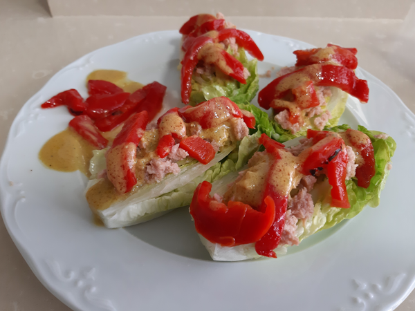 Cogollos con pimientos y atún a la mostaza, recetas de ensalada, recetas light, recetas para adelgazar, dietista online, dietas online