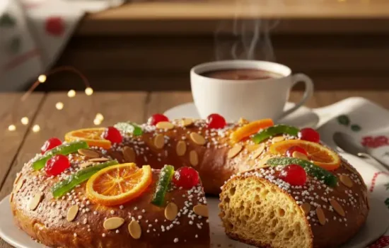 Roscón de Reyes tradicional decorado con frutas escarchadas y almendras sobre mesa navideña