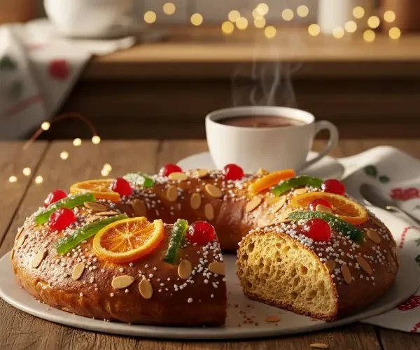 Roscón de Reyes tradicional decorado con frutas escarchadas y almendras sobre mesa navideña