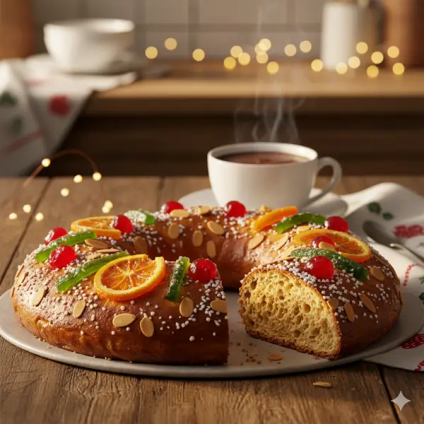 El Roscón de Reyes: el dulce más famoso de nuestras Navidades Roscón de Reyes tradicional decorado con frutas escarchadas y almendras sobre mesa navideña
