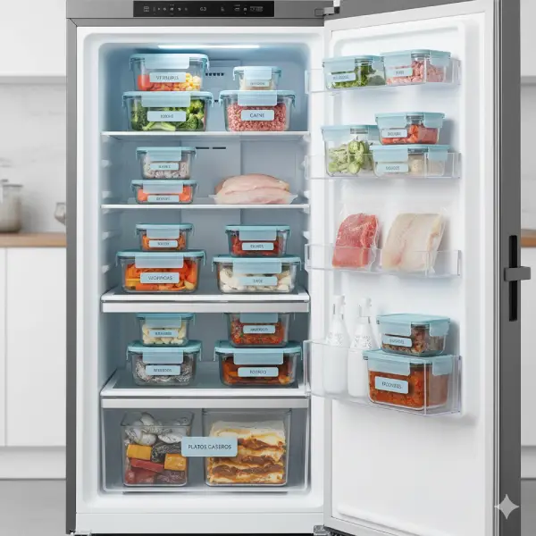 Comidas para congelar: guía práctica para sobrevivir sin tu madre Recipientes con comidas caseras congeladas y etiquetadas en un congelador organizado.