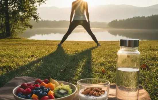Mujer haciendo ejercicio al sol con desayuno saludable para mantener los huesos fuertes.