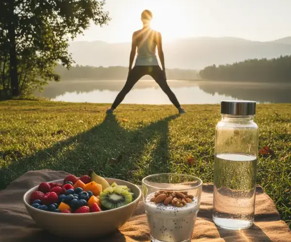 Mujer haciendo ejercicio al sol con desayuno saludable para mantener los huesos fuertes.