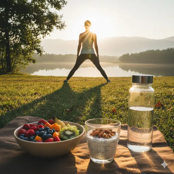 Mujer haciendo ejercicio al sol con desayuno saludable para mantener los huesos fuertes.