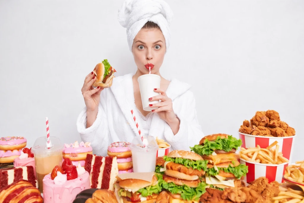Mujer rodeada de hamburguesas, fritos, refrescos y dulces como ejemplo de la baja calidad alimentaria en Espa&ntilde;a
