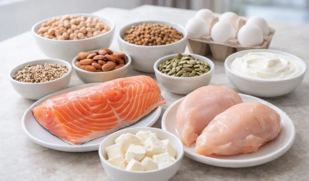 Alimentos ricos en prote&iacute;na como pescado, pollo, huevos, legumbres y l&aacute;cteos para cubrir las necesidades diarias de prote&iacute;na