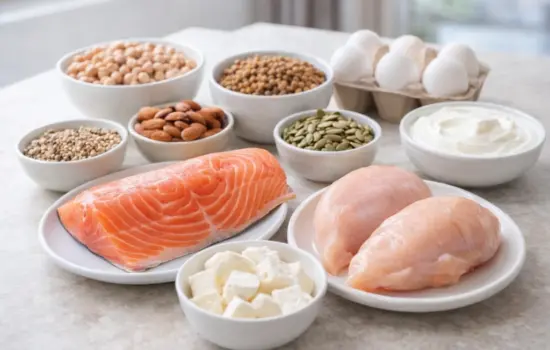 Alimentos ricos en proteína como pescado, pollo, huevos, legumbres y lácteos para cubrir las necesidades diarias de proteína