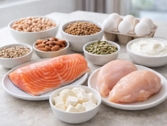 Alimentos ricos en proteína como pescado, pollo, huevos, legumbres y lácteos para cubrir las necesidades diarias de proteína