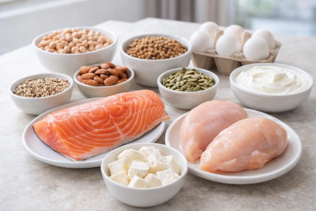cuanta-proteina-necesitas-cada-dia-para-cuidar-tu-salud-y-tu-cuerpo Alimentos ricos en proteína como pescado, pollo, huevos, legumbres y lácteos para cubrir las necesidades diarias de proteína
