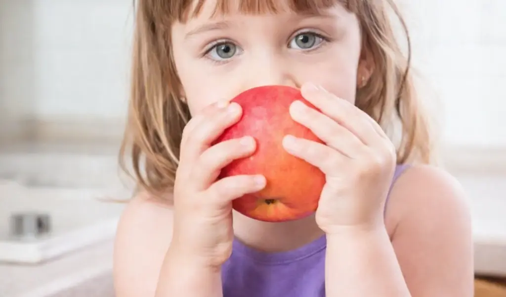 ni&ntilde;a peque&ntilde;a comiendo una manzana simbolizando alimentaci&oacute;n saludable para ni&ntilde;os