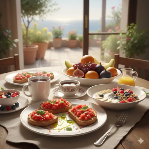 Desayuno saludable mediterráneo con pan integral, fruta y aceite de oliva.