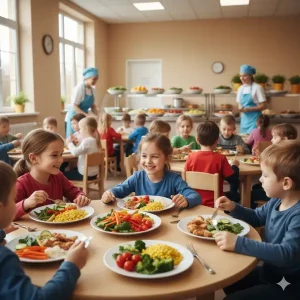 Nutricionista infantil elaborando cenas compensatorias para equilibrar el menú escolar