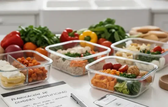 Comidas semanales mediterráneas organizadas en recipientes de vidrio.