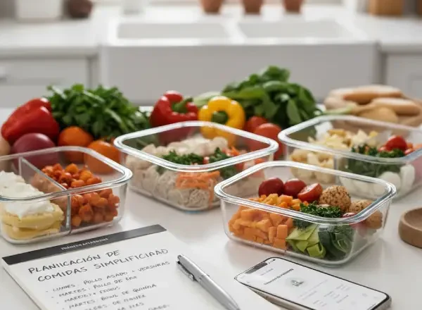 Comidas semanales mediterráneas organizadas en recipientes de vidrio.