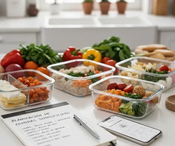 Comidas semanales mediterráneas organizadas en recipientes de vidrio.