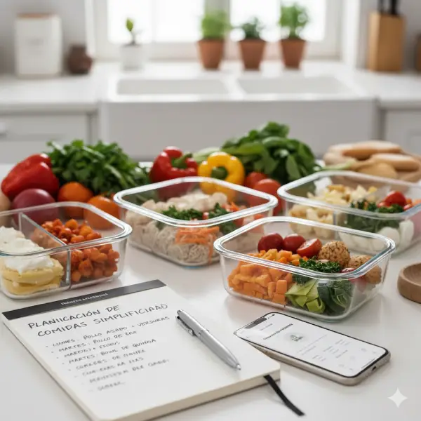 Comidas semanales mediterráneas organizadas en recipientes de vidrio.