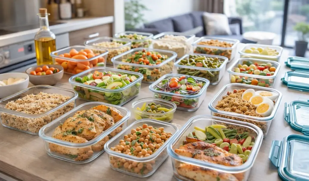 Preparaci&oacute;n de batch cooking con varios recipientes de comida saludable organizada para toda la semana