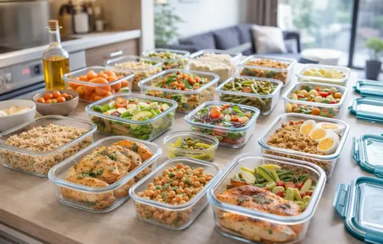 Preparaci&oacute;n de batch cooking con varios recipientes de comida saludable organizada para toda la semana
