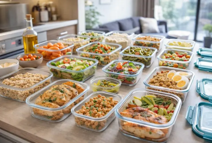 Preparaci&oacute;n de batch cooking con varios recipientes de comida saludable organizada para toda la semana