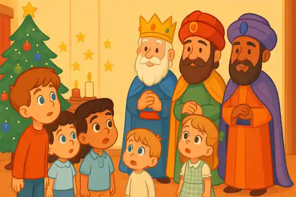 Cuento de Reyes Magos sobre alimentaci&oacute;n saludable con cinco primos en el sal&oacute;n