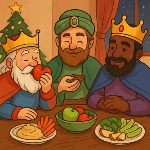 Cuento de Reyes Magos sobre alimentaci&oacute;n saludable con cinco primos en el sal&oacute;n