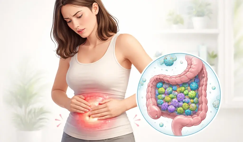 SIBO o sobrecrecimiento bacteriano intestinal representado con hinchaz&oacute;n abdominal y exceso de bacterias en el intestino