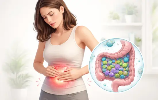 SIBO o sobrecrecimiento bacteriano intestinal representado con hinchaz&oacute;n abdominal y exceso de bacterias en el intestino