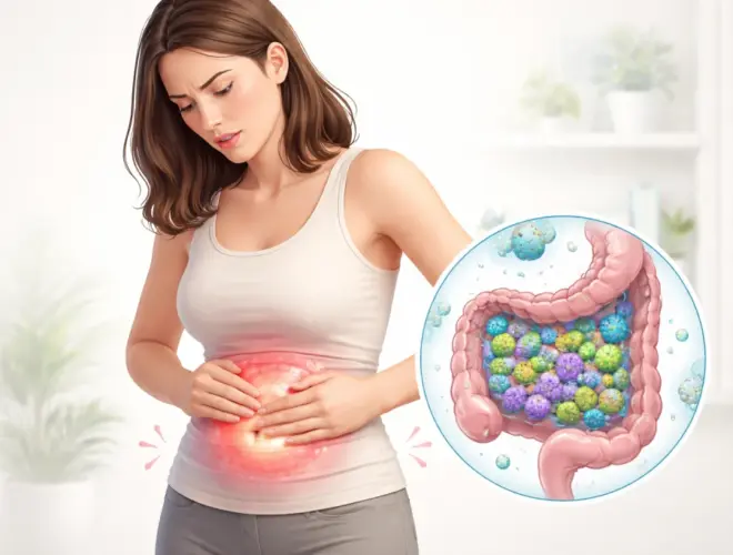 SIBO o sobrecrecimiento bacteriano intestinal representado con hinchaz&oacute;n abdominal y exceso de bacterias en el intestino