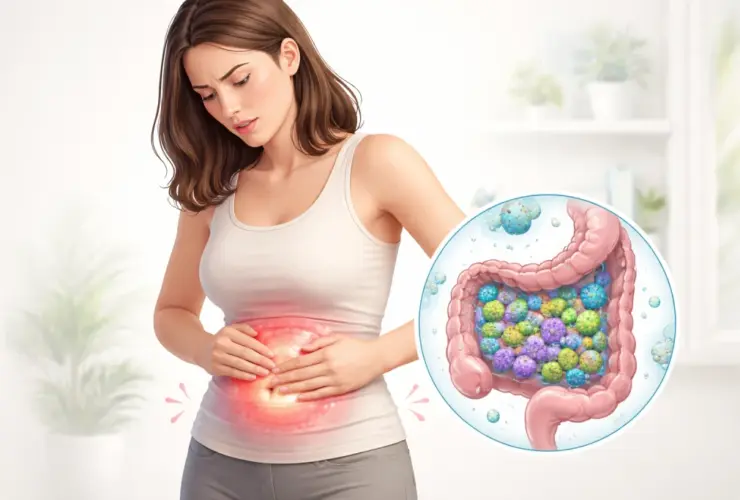 SIBO o sobrecrecimiento bacteriano intestinal representado con hinchaz&oacute;n abdominal y exceso de bacterias en el intestino
