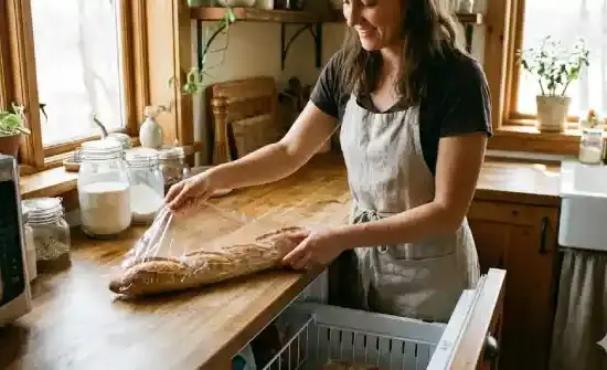 mujer envolviendo pan antes de congelarlo para hacerlo de forma segura