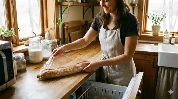 mujer envolviendo pan antes de congelarlo para hacerlo de forma segura