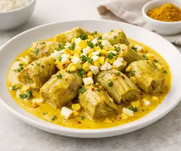 Alcachofas al curry en salsa cremosa con huevo cocido picado, presentación gourmet y luminosa