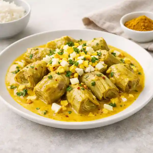 Alcachofas al curry en salsa cremosa con huevo cocido picado, presentaci&oacute;n gourmet y luminosa