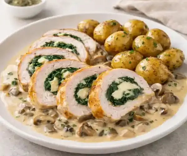 Pavo relleno de espinacas y queso en salsa de setas con patata baby al horno, emplatado gourmet y luminoso