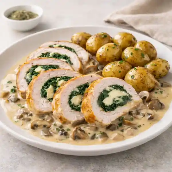 Pavo relleno de espinacas y queso en salsa de setas con patata baby al horno, emplatado gourmet y luminoso