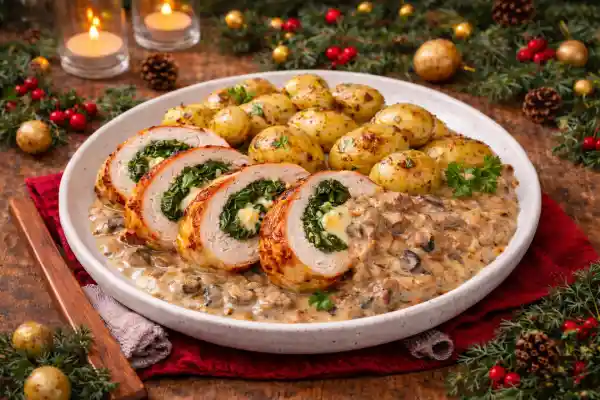 Pavo relleno de espinacas y queso con salsa de setas y patata baby al horno, plato navide&ntilde;o saludable