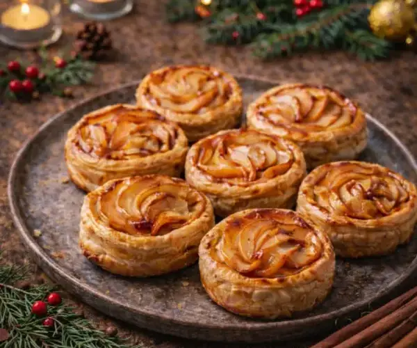 Mini tartitas de manzana con hojaldre dorado y manzana en espiral, postre navide&ntilde;o f&aacute;cil