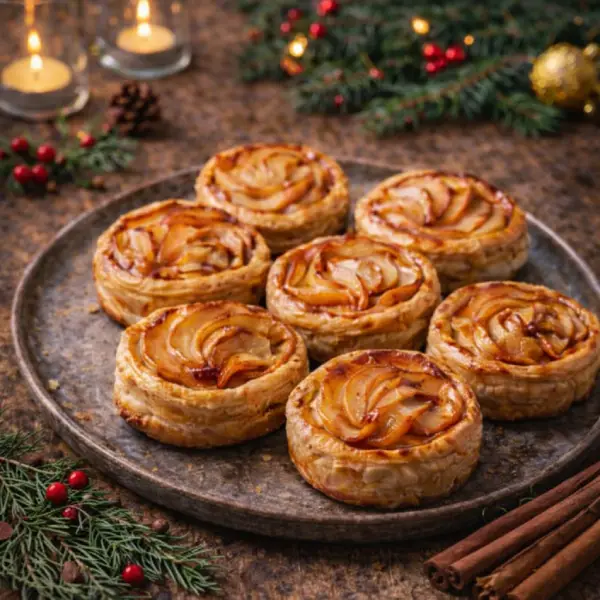 Mini tartitas de manzana con hojaldre dorado y manzana en espiral, postre navide&ntilde;o f&aacute;cil