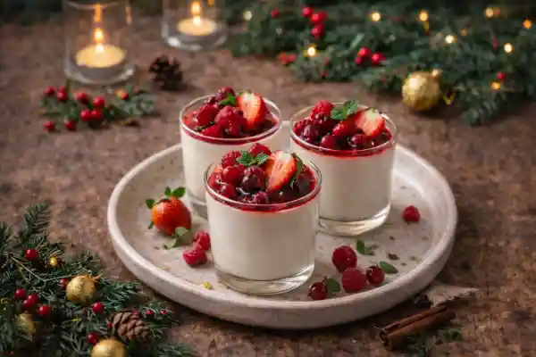 Panna cotta de yogur con coulis de frutos rojos en vasitos, postre navide&ntilde;o ligero