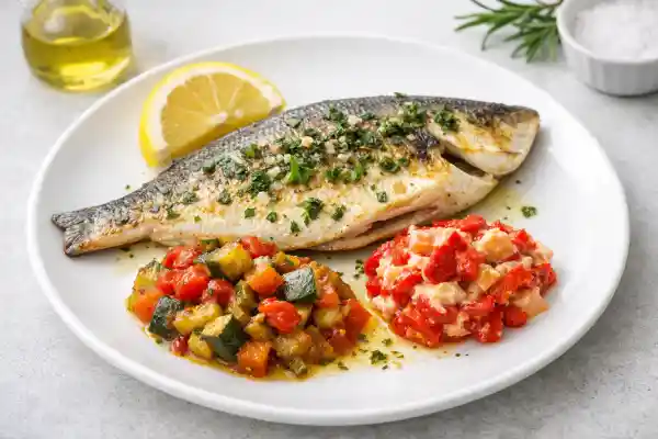Dorada a la plancha con finas hierbas servida con pisto y ensaladilla de pimientos en plato blanco