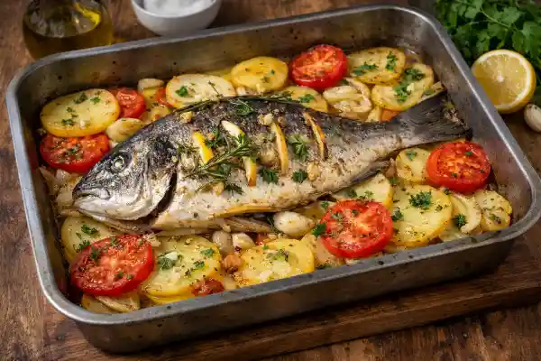 Dorada al horno con patatas en bandeja, con tomates asados y hierbas frescas, fotograf&iacute;a luminosa y realista.